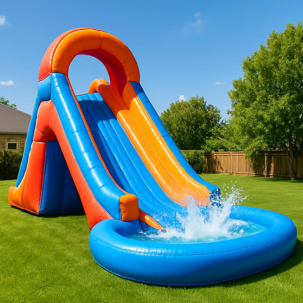 The inflatable slide in the foreground is 5' taller than it is wide. It is composed of five panels in total (base, and two...